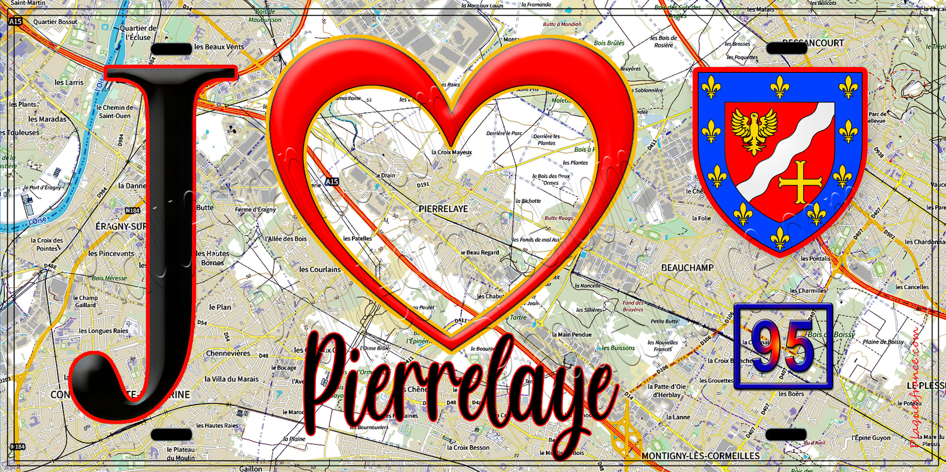 Plaque métal décorative  J' ❤️Pierrelaye, Val d'Oise (95) fond carte
