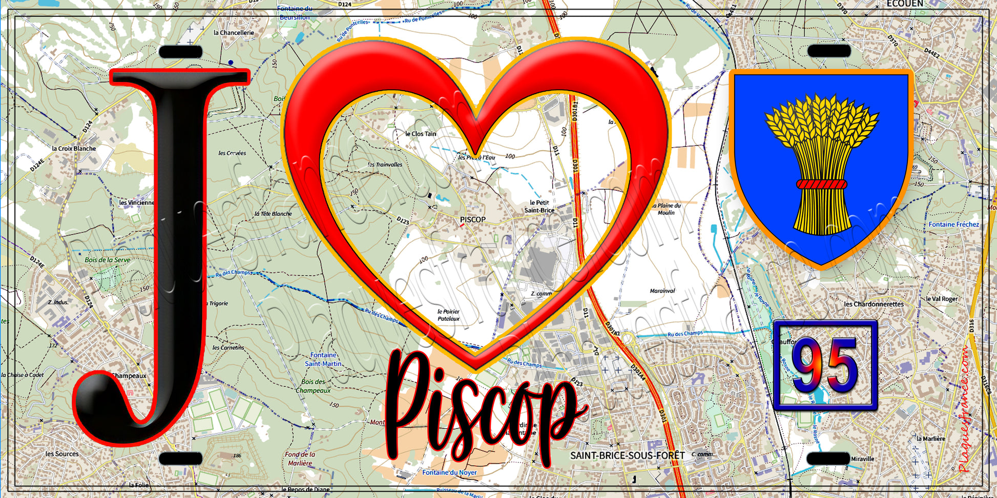 Plaque métal décorative  J' ❤️Piscop, Val d'Oise (95) fond carte