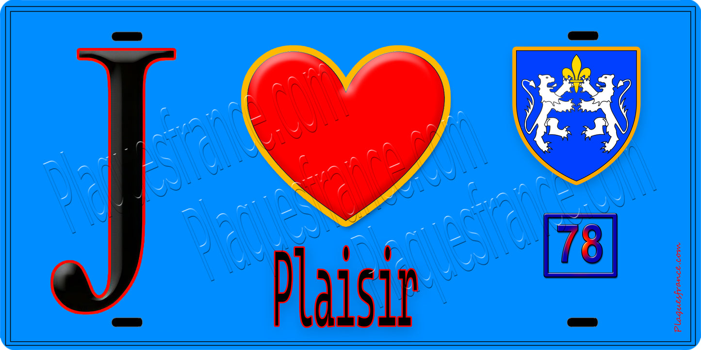 Plaque métal décorative  J' ❤️ Plaisir, Yvelines (78) fond bleu