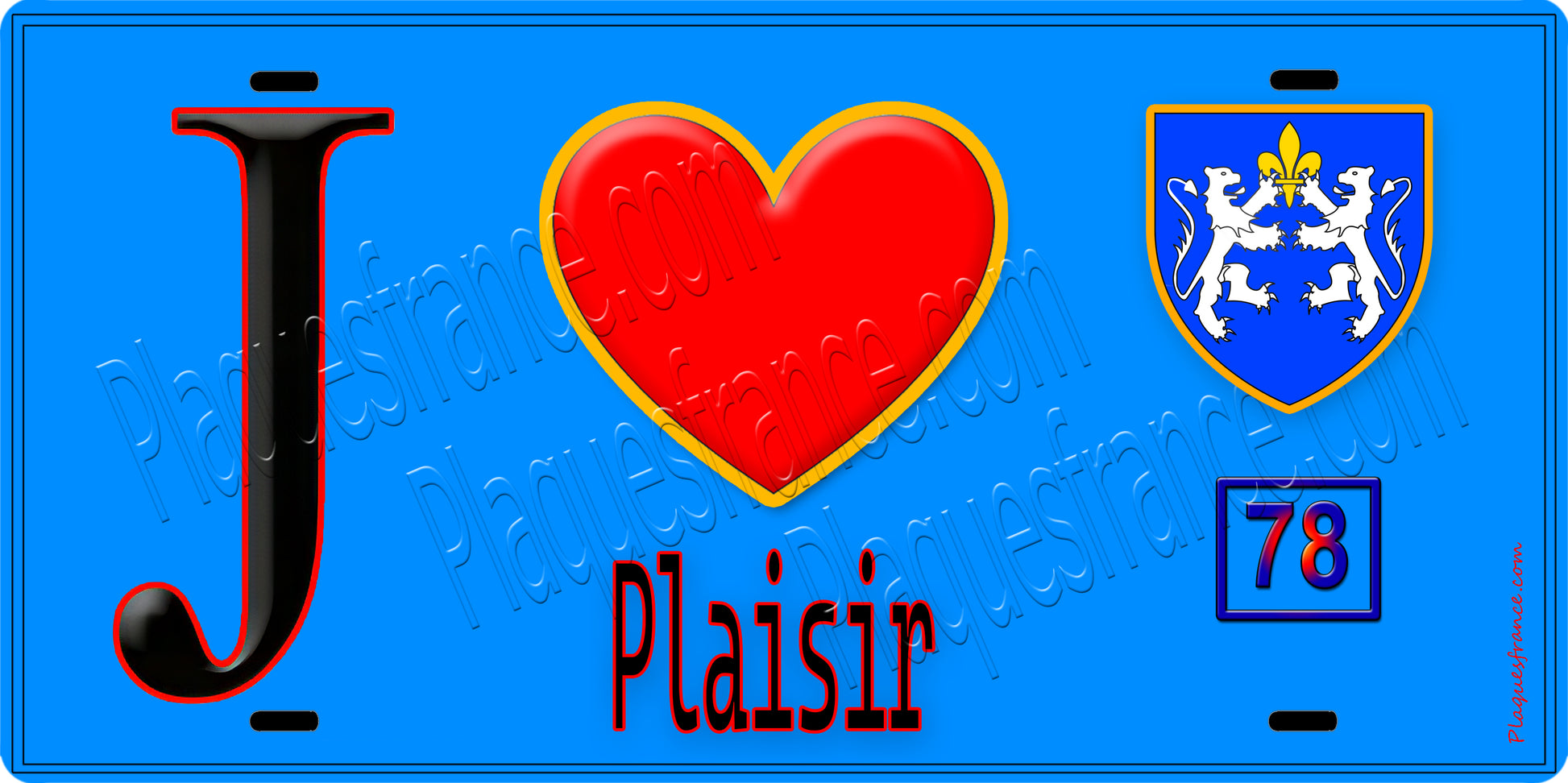Plaque métal décorative  J' ❤️ Plaisir, Yvelines (78) fond bleu