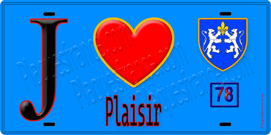 Plaque métal décorative  J' ❤️ Plaisir, Yvelines (78) fond bleu