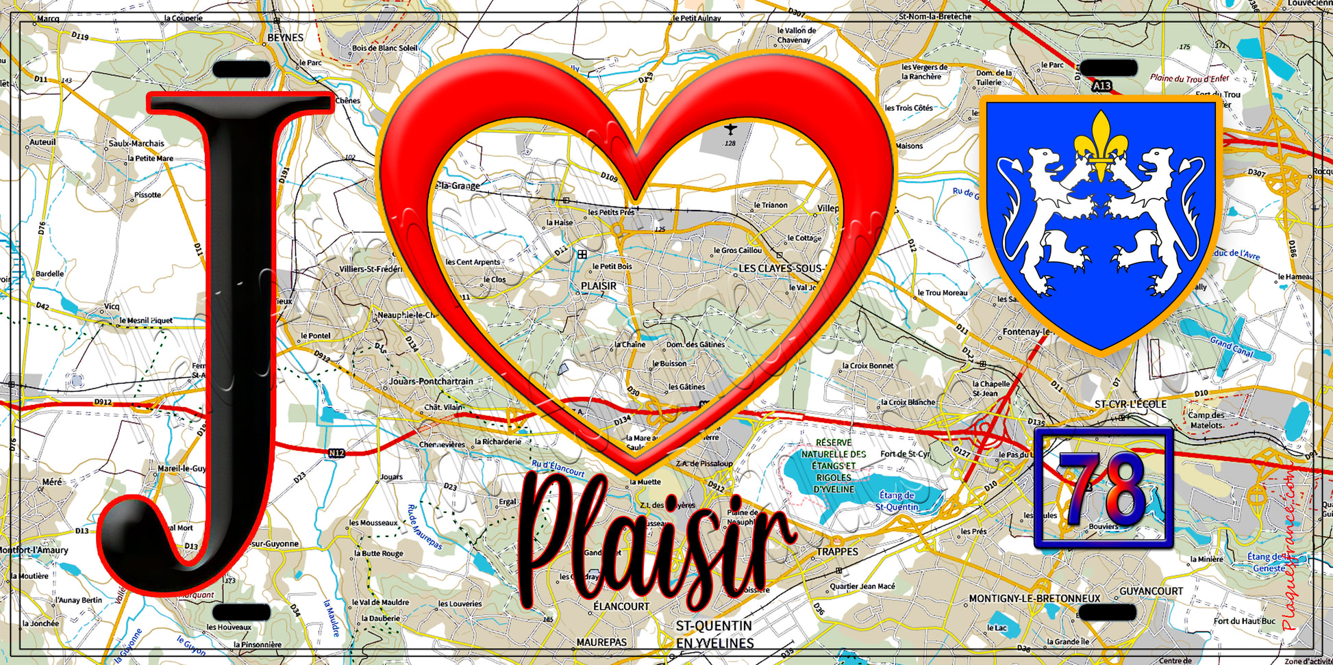 Plaque métal décorative  J' ❤️ Plaisir, Yvelines (78) fond carte