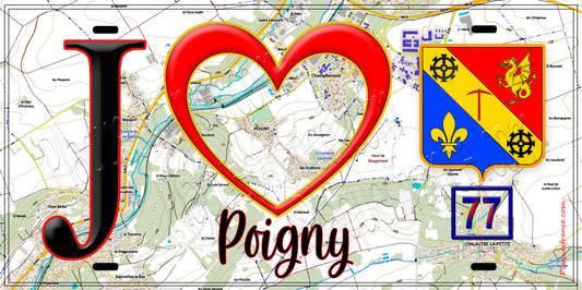 Plaque métal décorative  J' ❤️Poigny, Seine et Marne (77) fond carte