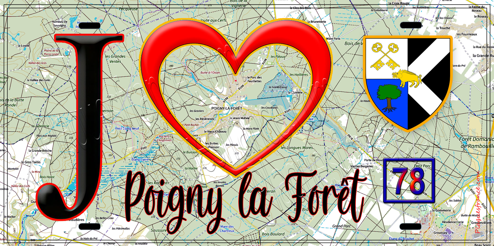 Plaque métal décorative  J' ❤️ Poigny-la-Forêt, Yvelines (78) fond carte