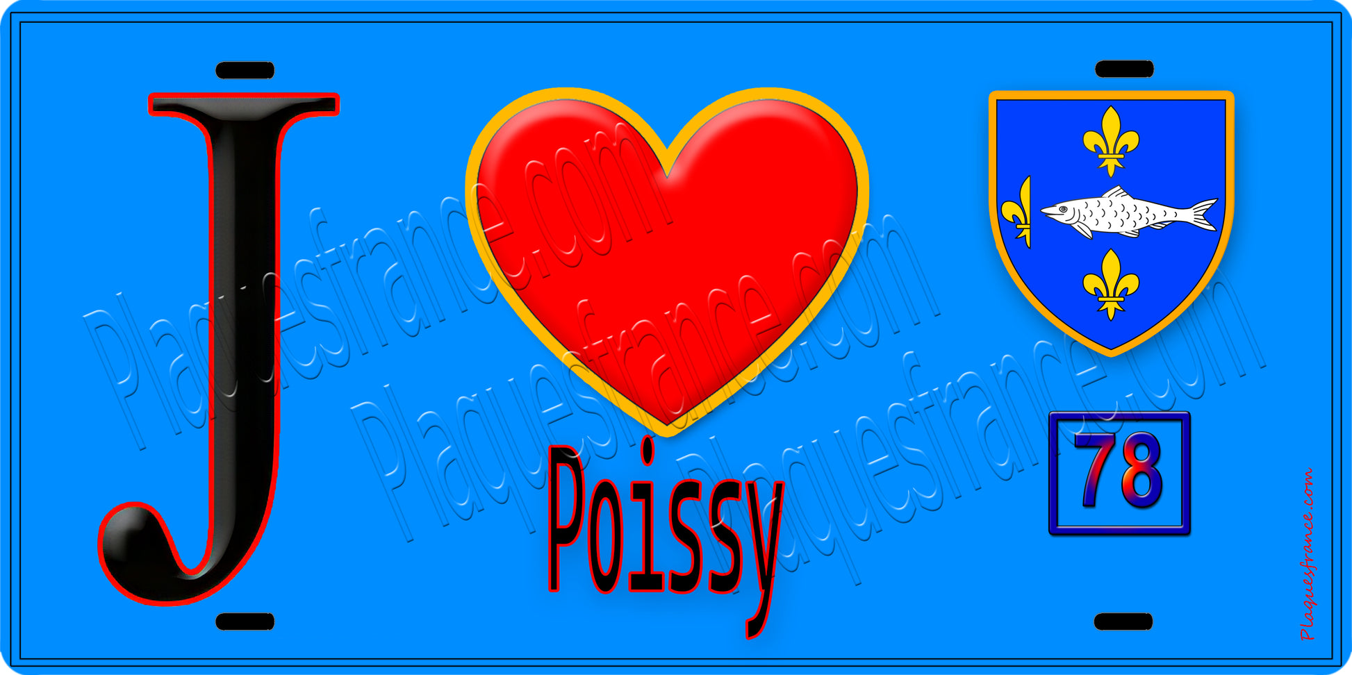 Plaque métal décorative  J' ❤️ Poissy, Yvelines (78) fond bleu
