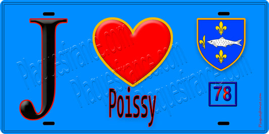 Plaque métal décorative  J' ❤️ Poissy, Yvelines (78) fond bleu