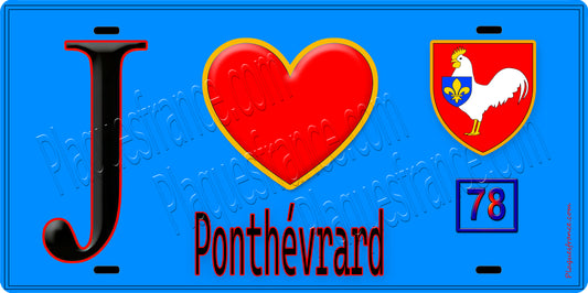 Plaque métal décorative  J' ❤️ Ponthévrard, Yvelines (78) fond bleu