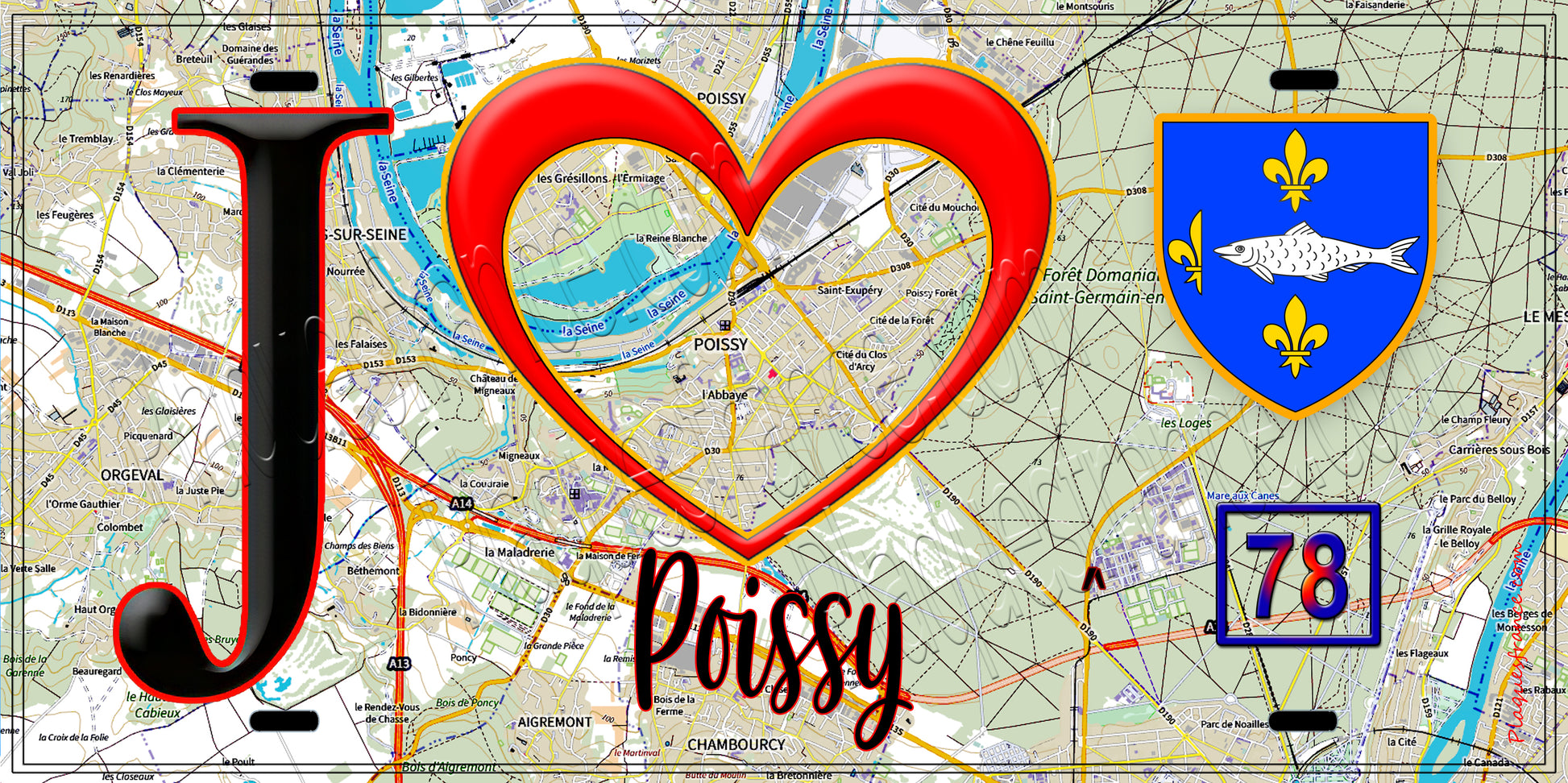 Plaque métal décorative  J' ❤️ Poissy, Yvelines (78) fond carte