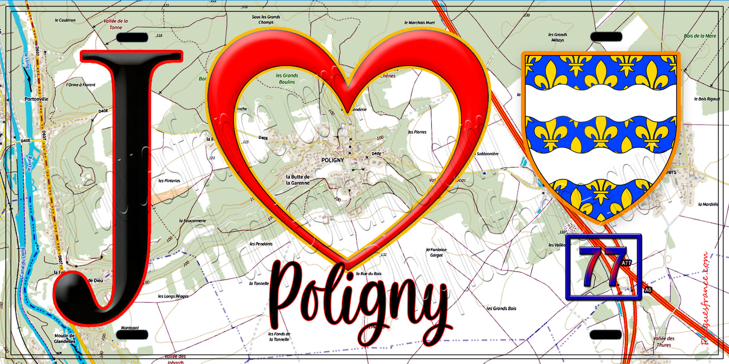 Plaque métal décorative  J' ❤️Poligny, Seine et Marne (77)
