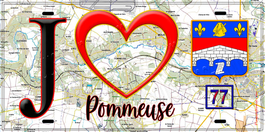 Plaque métal décorative  J' ❤️Pommeuse, Seine et Marne (77) fond carte