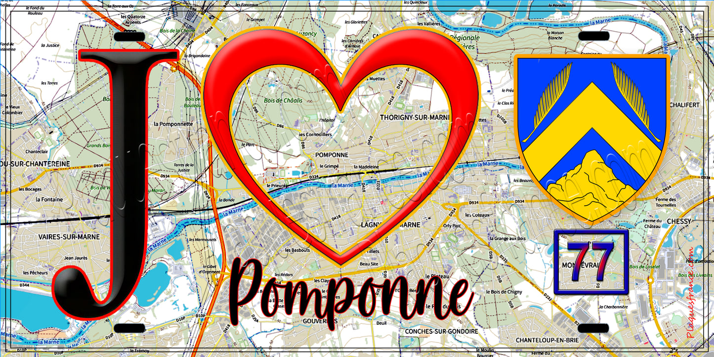 Plaque métal décorative  J' ❤️Pomponne, Seine et Marne (77) fond carte