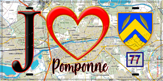 Plaque métal décorative  J' ❤️Pomponne, Seine et Marne (77) fond carte