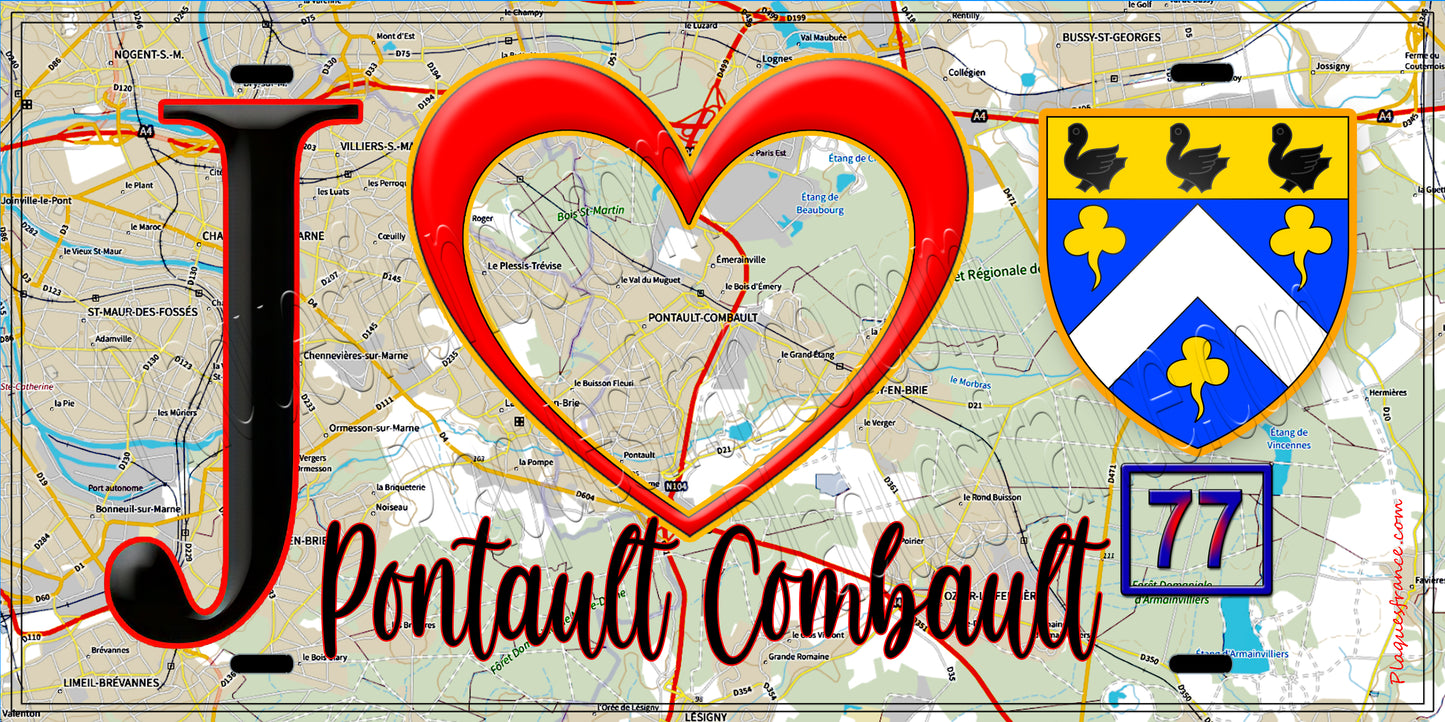 Plaque métal décorative  J' ❤️Pontault-Combault, Seine et Marne (77) fond carte