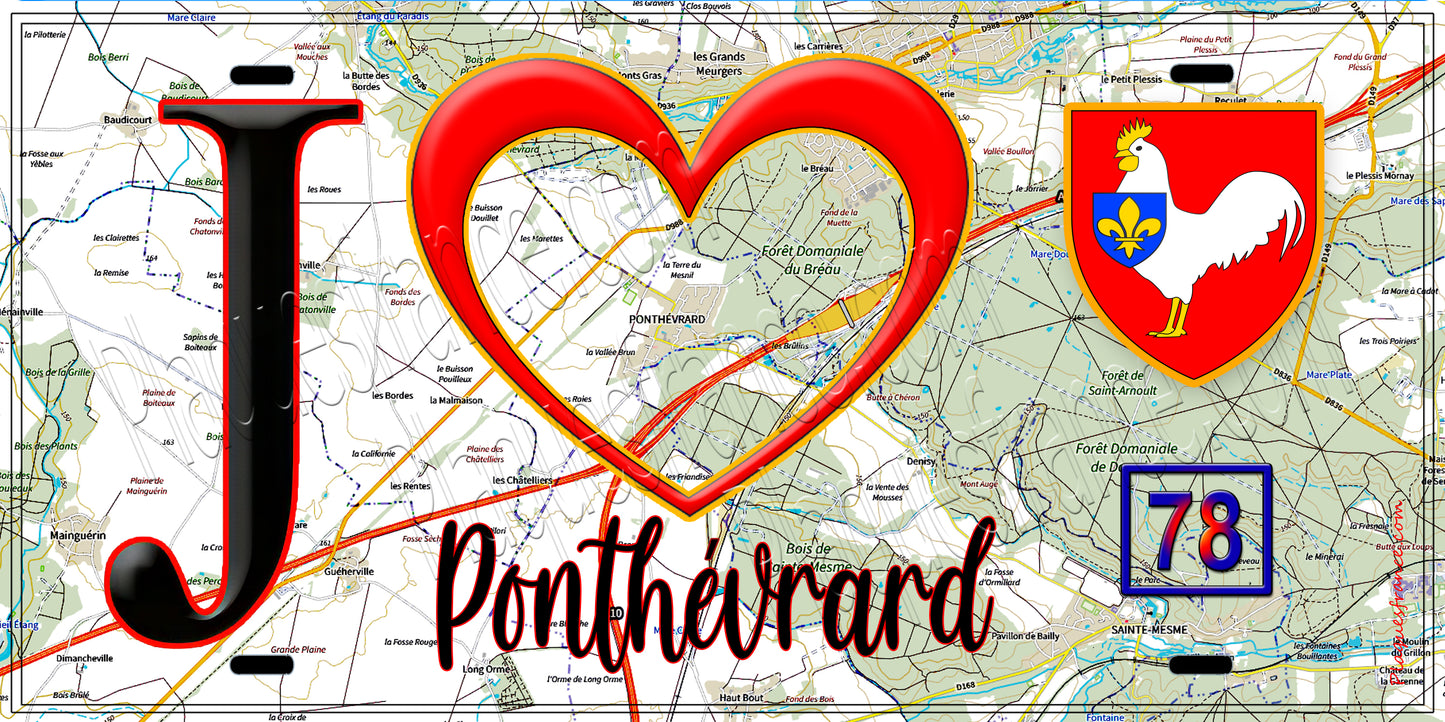Plaque métal décorative  J' ❤️ Ponthévrard, Yvelines (78) fond carte