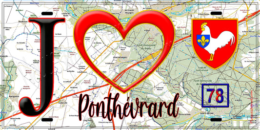 Plaque métal décorative  J' ❤️ Ponthévrard, Yvelines (78) fond carte