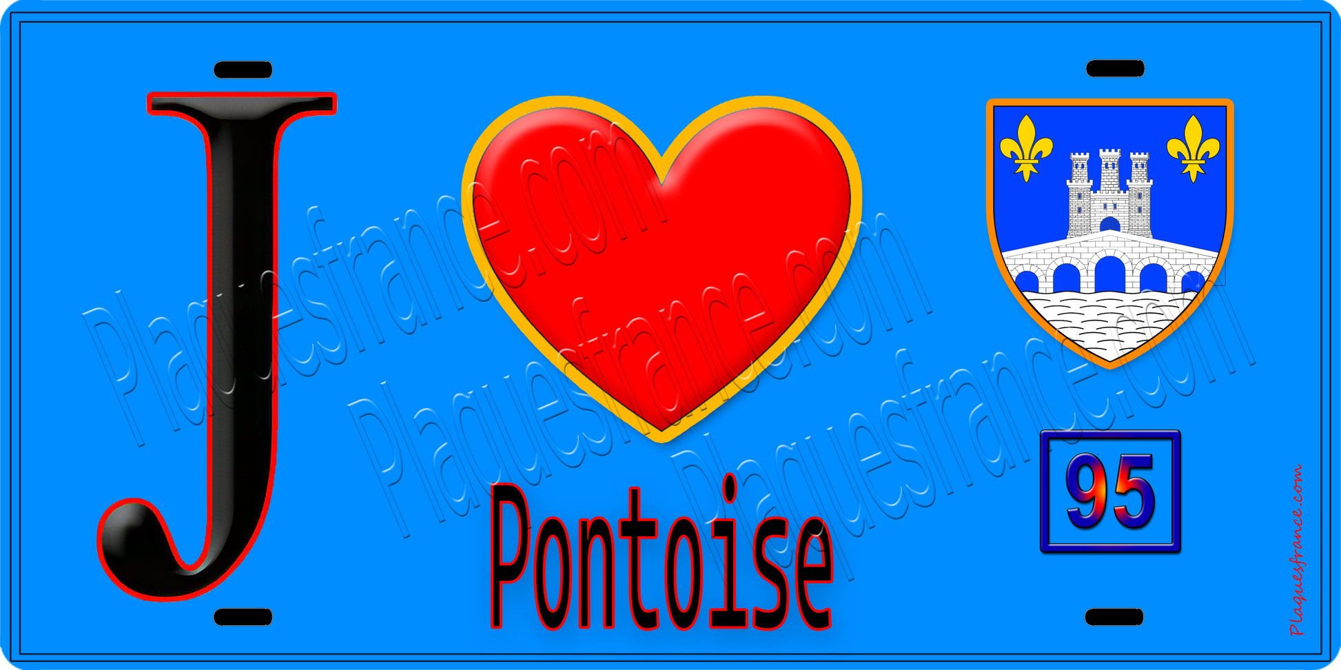 Plaque métal décorative  J' ❤️Pontoise, Val d'Oise (95) fond bleu