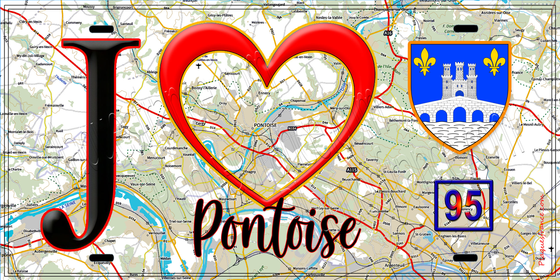 Plaque métal décorative  J' ❤️Pontoise, Val d'Oise (95) fond carte