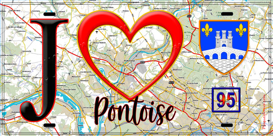 Plaque métal décorative  J' ❤️Pontoise, Val d'Oise (95) fond carte