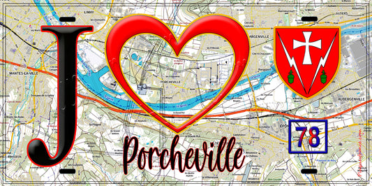 Plaque métal décorative  J' ❤️ Porcheville, Yvelines (78) fond carte