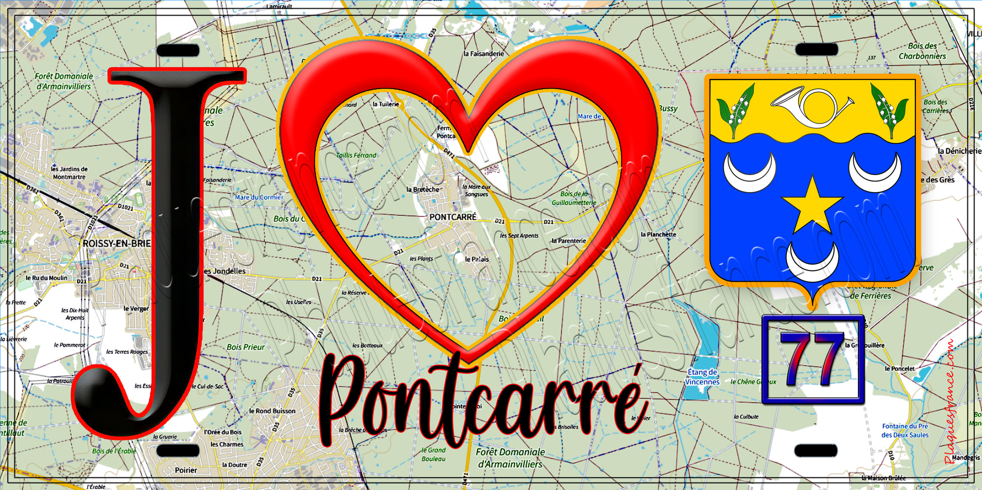 Plaque métal décorative  J' ❤️Pontcarré, Seine et Marne (77) fond carte