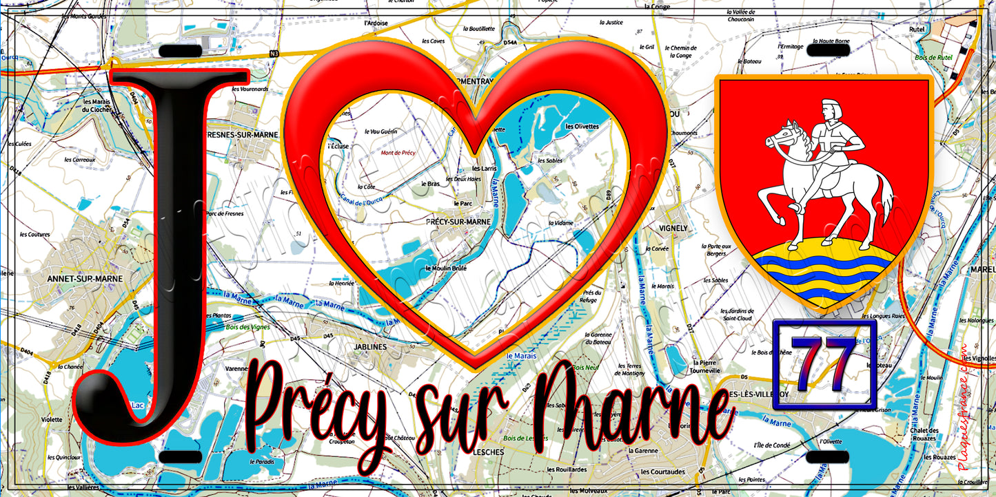 Plaque métal décorative  J' ❤️Précy-sur-Marne, Seine et Marne (77) fond carte