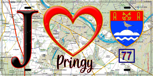Plaque métal décorative  J' ❤️Pringy, Seine et Marne (77) fond carte
