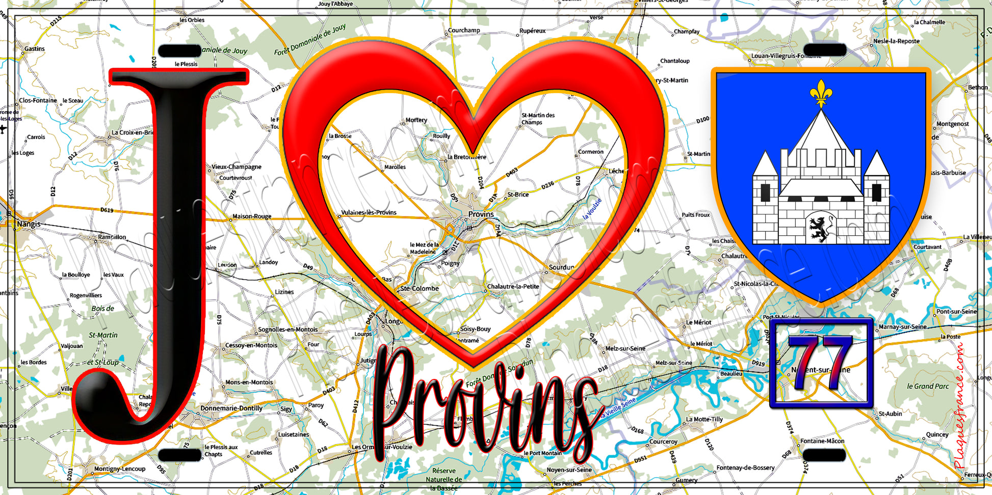 Plaque métal décorative  J' ❤️Provins, Seine et Marne (77) fond carte