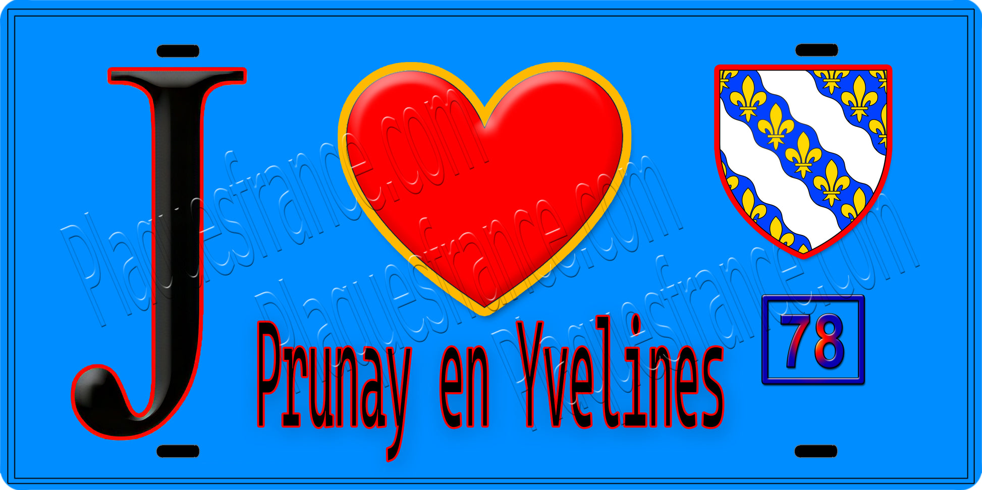Plaque métal décorative  J' ❤️ Prunay-en-Yvelines, Yvelines (78) fond bleu