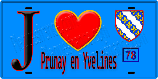 Plaque métal décorative  J' ❤️ Prunay-en-Yvelines, Yvelines (78) fond bleu