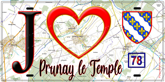 Plaque métal décorative  J' ❤️ Prunay-le-Temple, Yvelines (78) fond carte