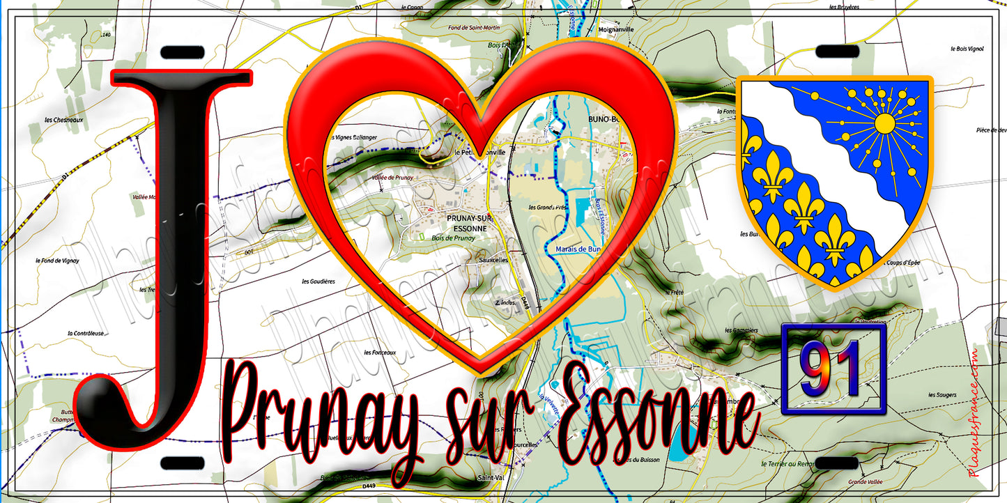 Plaque métal décorative  J' ❤️Prunay-sur-Essonne, Essonne (91) fond carte