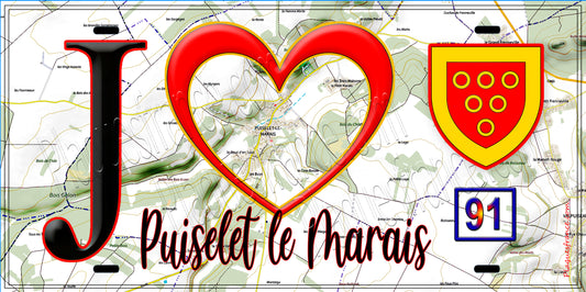 Plaque métal décorative  J' ❤️Puiselet-le-Marais, Essonne (91) fond carte
