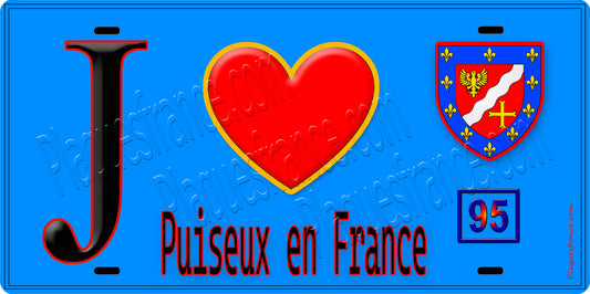 Plaque métal décorative  J' ❤️Puiseux-en-France, Val d'Oise (95) fond bleu