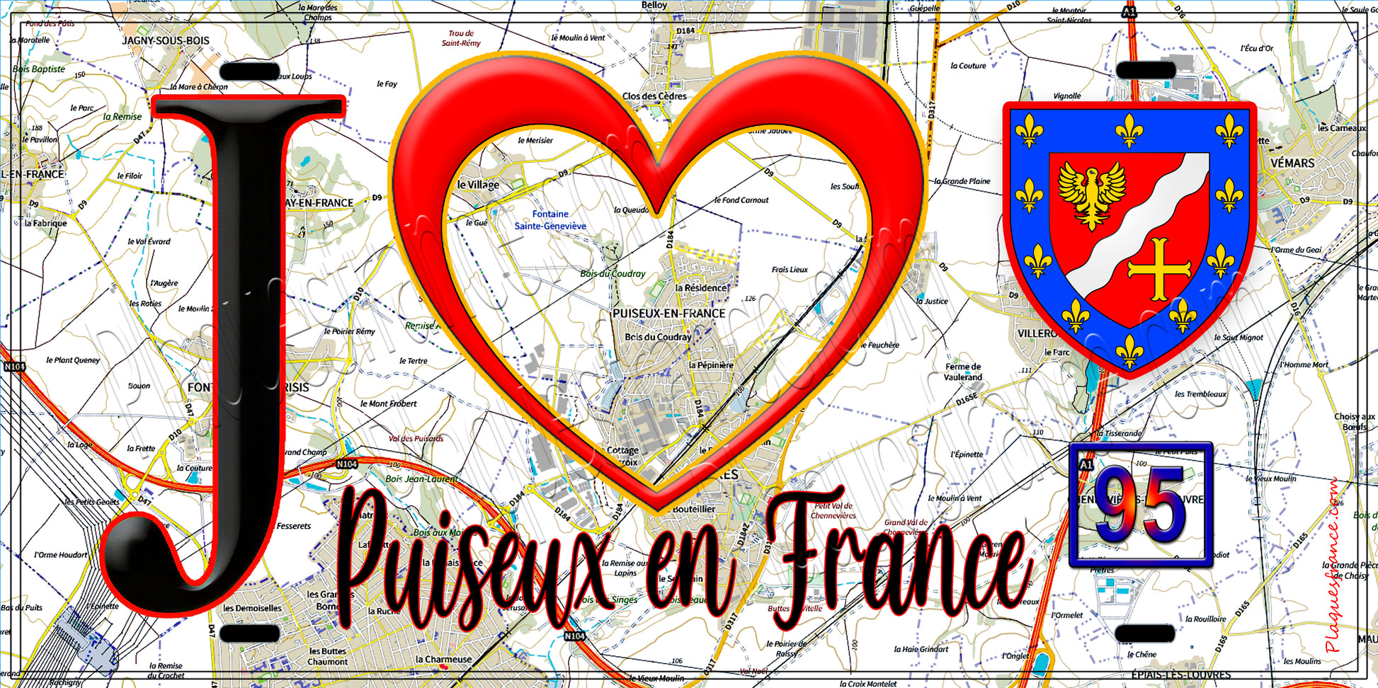 Plaque métal décorative  J' ❤️Puiseux-en-France, Val d'Oise (95) fond carte