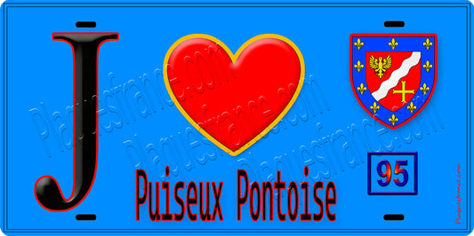 Plaque métal décorative  J' ❤️Puiseux-Pontoise, Val d'Oise (95) fond bleu