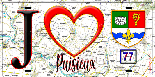 Plaque métal décorative  J' ❤️Puisieux, Seine et Marne (77) fond carte