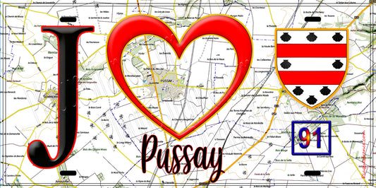 Plaque métal décorative  J' ❤️Pussay, Essonne (91) fond carte