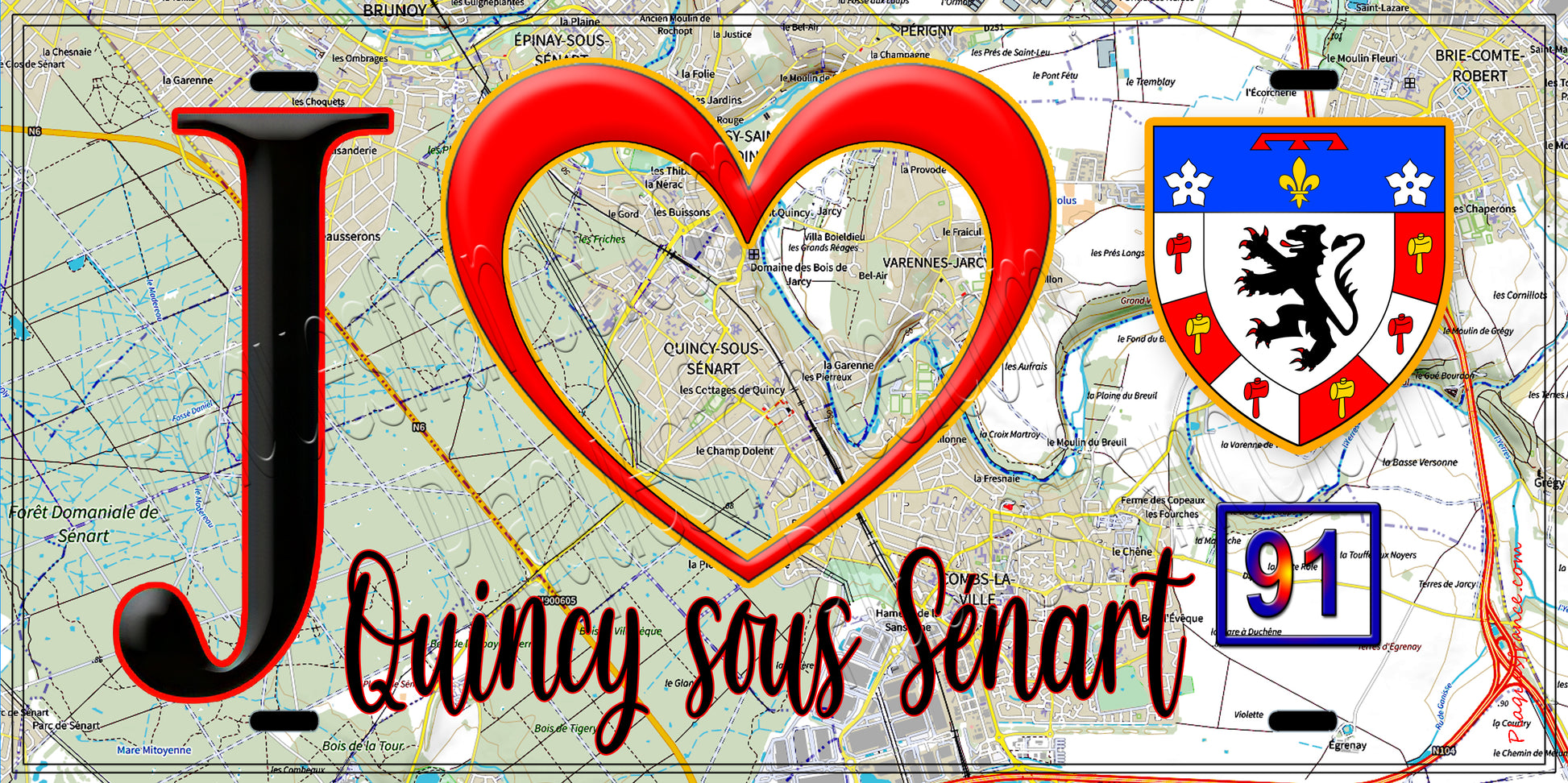 Plaque métal décorative  J' ❤️Quincy-sous-Sénart, Essonne (91) fond carte