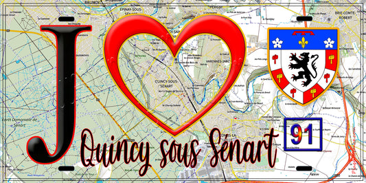 Plaque métal décorative  J' ❤️Quincy-sous-Sénart, Essonne (91) fond carte