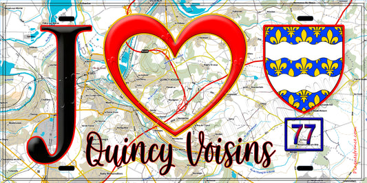Plaque métal décorative  J' ❤️Quincy-Voisins, Seine et Marne (77) fond carte