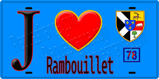 Plaque métal décorative  J' ❤️ Rambouillet, Yvelines (78) fond bleu