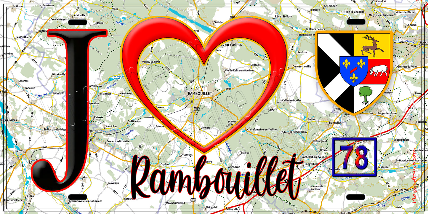 Plaque métal décorative  J' ❤️ Rambouillet, Yvelines (78) fond carte