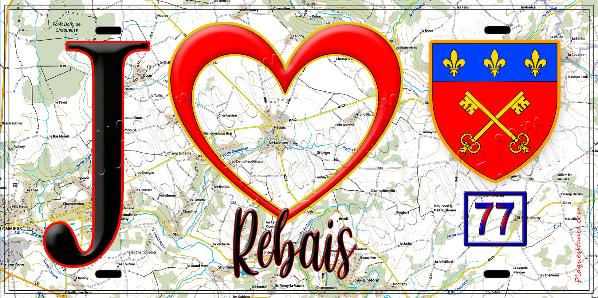 Plaque métal décorative  J' ❤️Rebais, Seine et Marne (77) fond carte