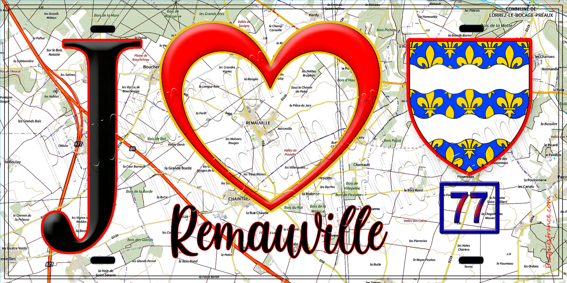 Plaque métal décorative  J' ❤️Remauville, Seine et Marne (77) fond carte