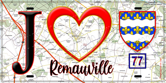 Plaque métal décorative  J' ❤️Remauville, Seine et Marne (77) fond carte