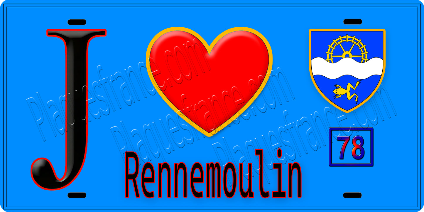 Plaque métal décorative  J' ❤️ Rennemoulin, Yvelines (78) fond bleu
