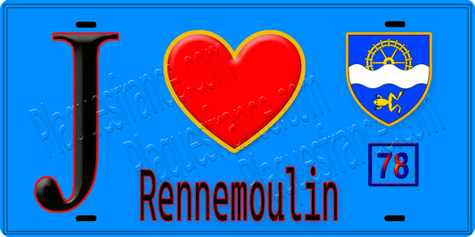 Plaque métal décorative  J' ❤️ Rennemoulin, Yvelines (78) fond bleu