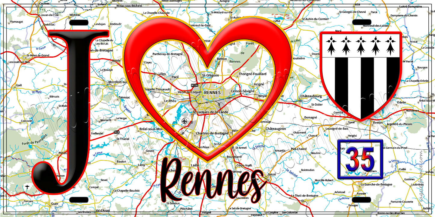 Plaque métal décorative  J' ❤️ Rennes, Ille-et-Vilaine (35)