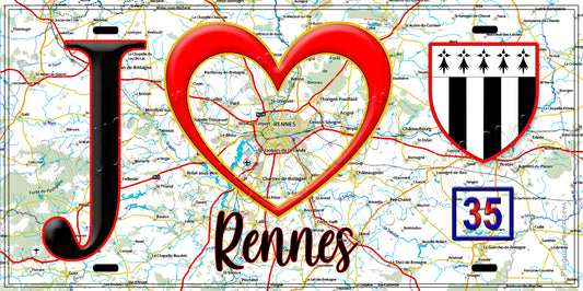 Plaque métal décorative  J' ❤️ Rennes, Ille-et-Vilaine (35)