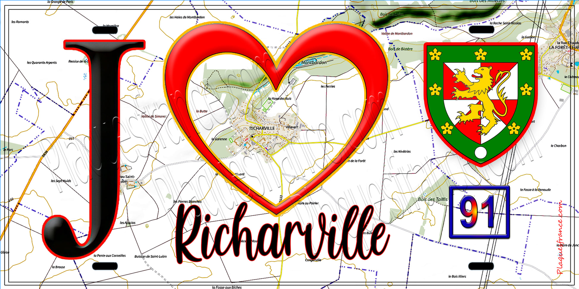 Plaque métal décorative  J' ❤️Richarville, Essonne (91) fond carte